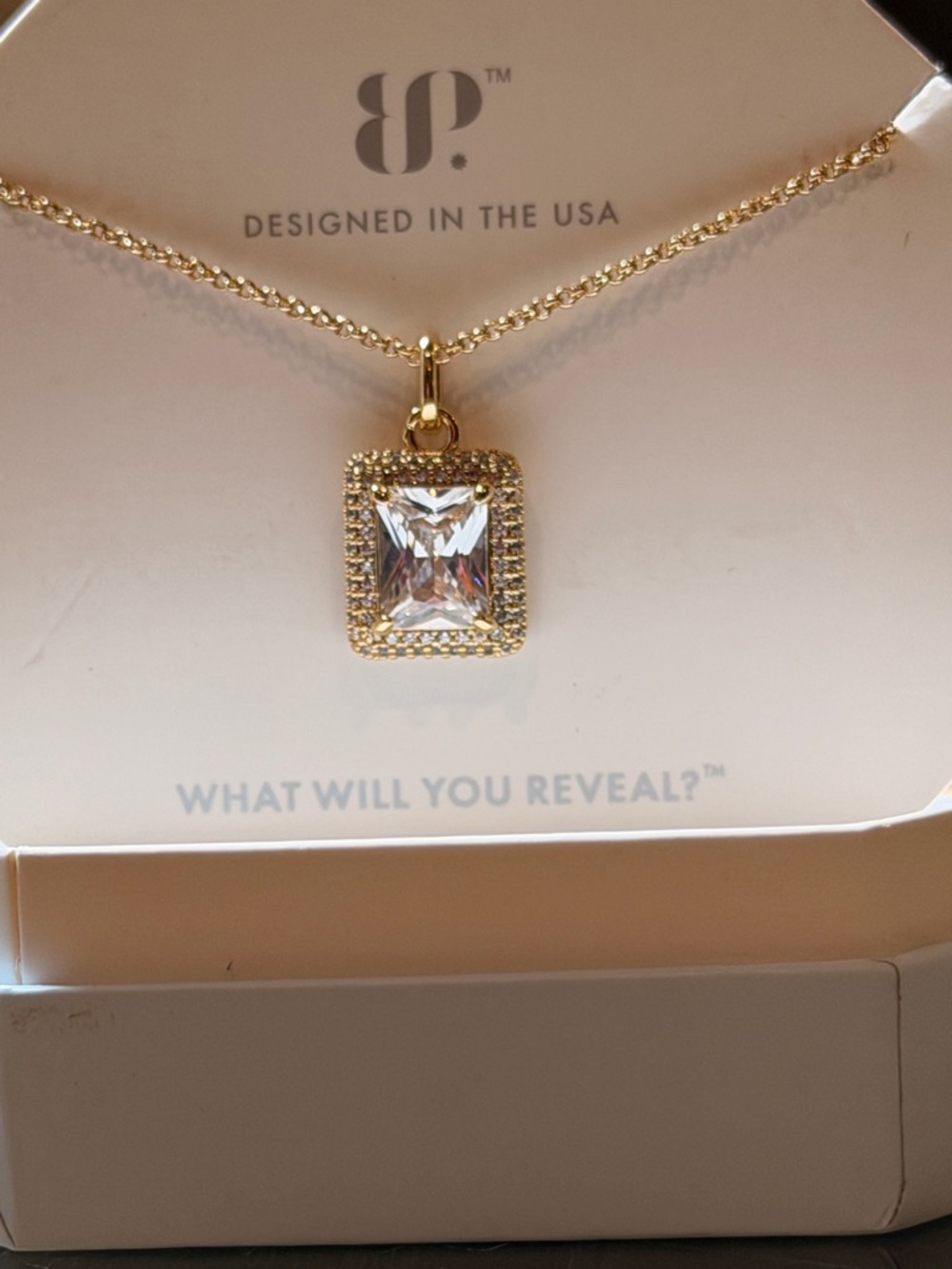 BP NWOT! Gold-Tone Square Halo Pendant Necklace with Clear Stone - Picture 3 of 5